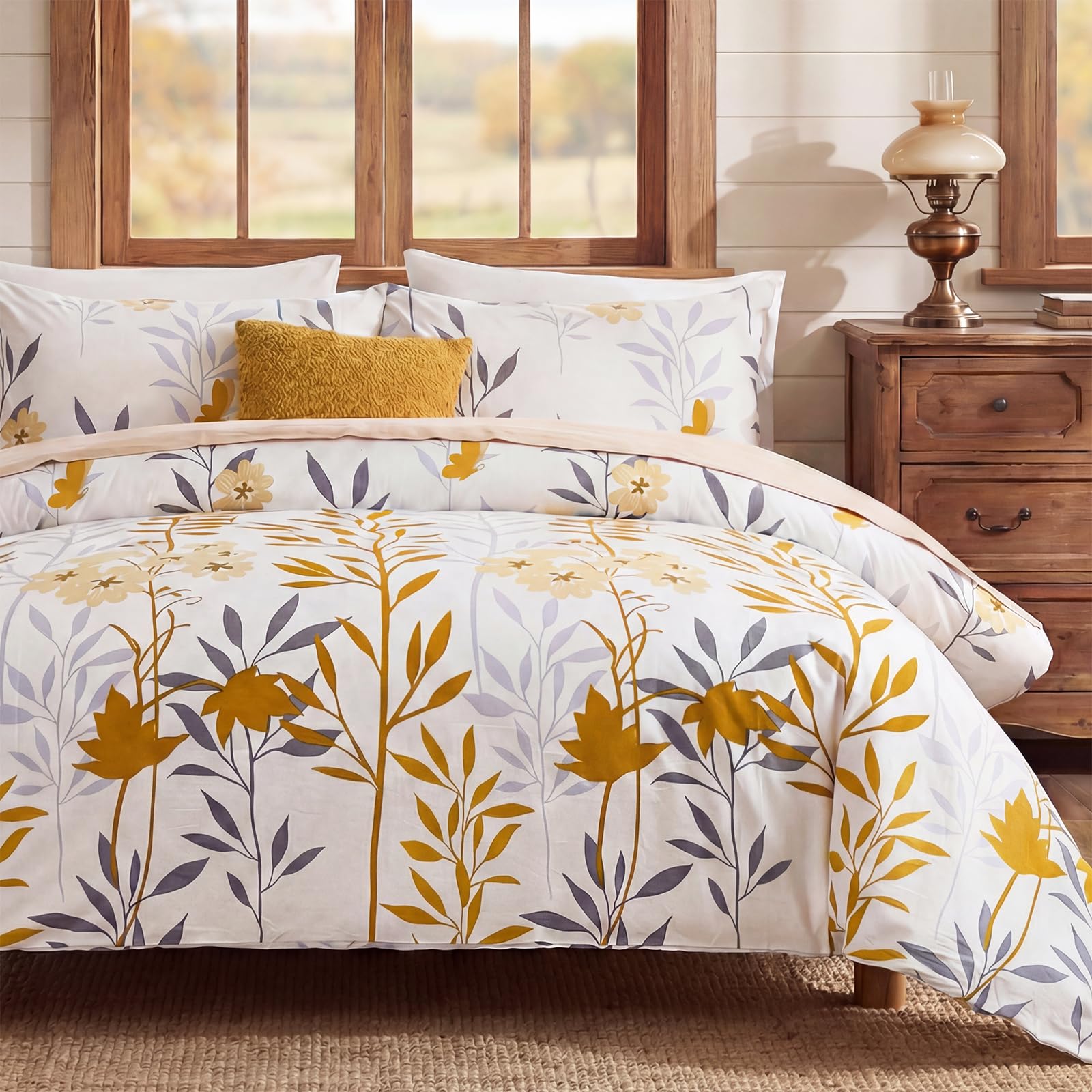 Herside 100% Cotton Bedding Set Double Size – Yellow Floral Bedding Sets 3 Pieces Lightweight Cozy Botanical Bed Cover, Soft Cottagecore Aesthetic All Season Duvet Cover Set