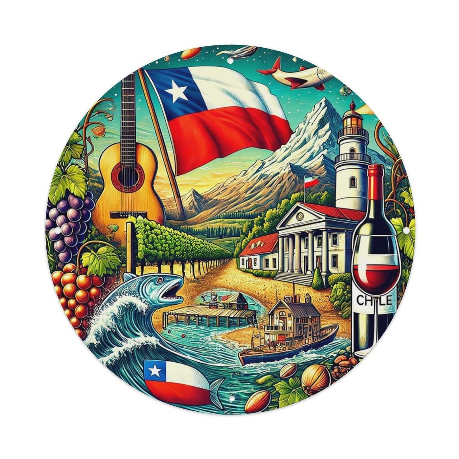 Chilean Flag Guitar Vineyard Seafood Vintage Round Tin Sign Retro Metal Wall Decor Metal Poster, Home Bar Garage Cafe Wall Art Decoration 8x8Inches