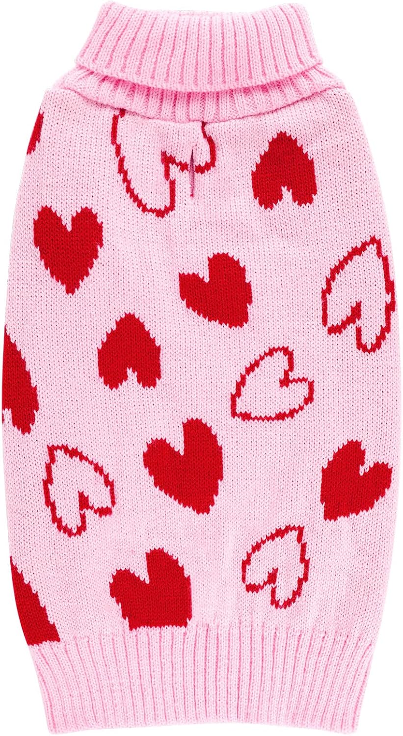 cyeollo Small Dog Sweater Heart Pattern Mothers Day Dog Clothes with Leash Hole Pullover Turtleneck Holiday Pet Apparel Pink