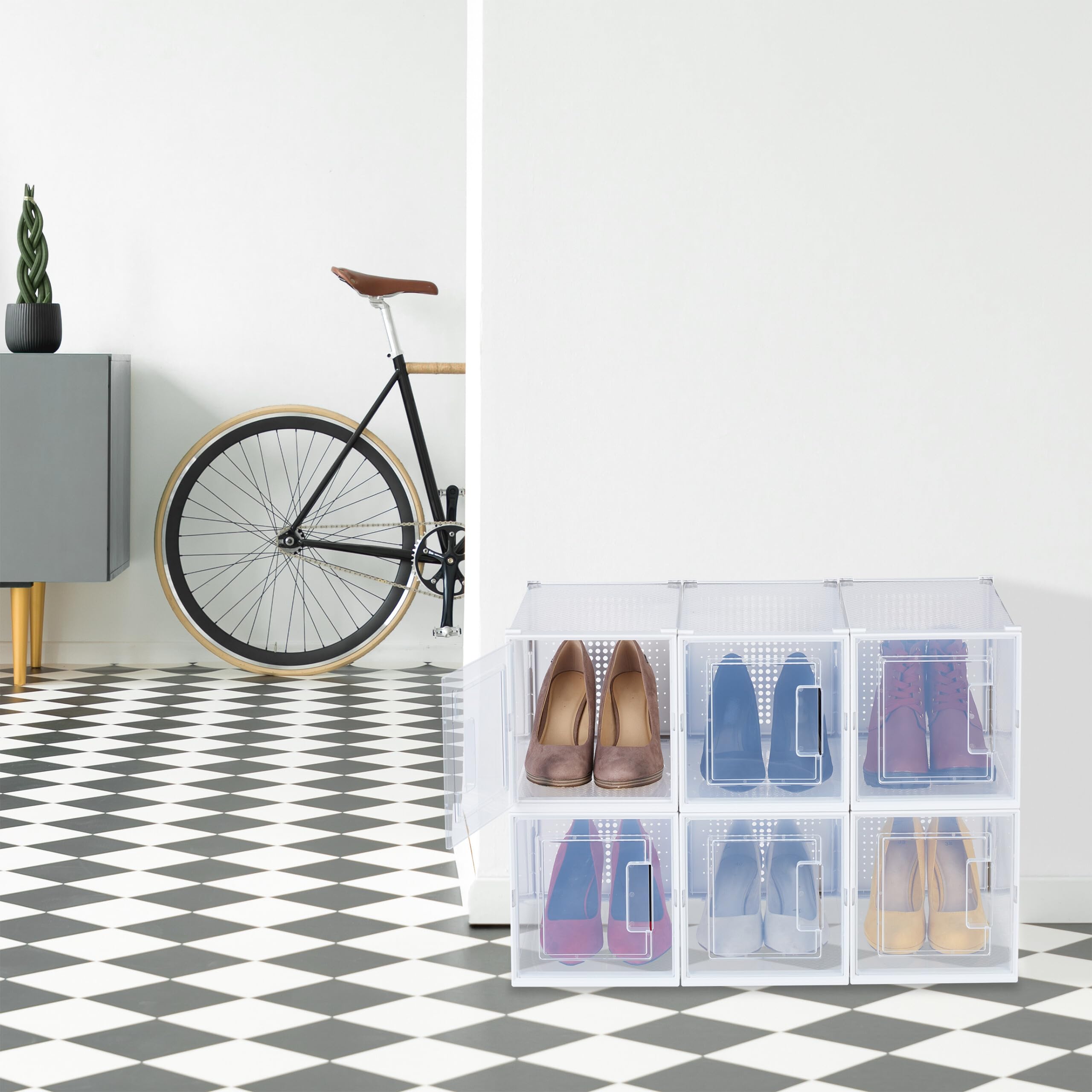 Relaxdays 6 Cajas Zapatos, Talle 42, Apilables, Calzado Tacón Alto, Orificios Ventilacón, Plástico, Transparente/Blanco