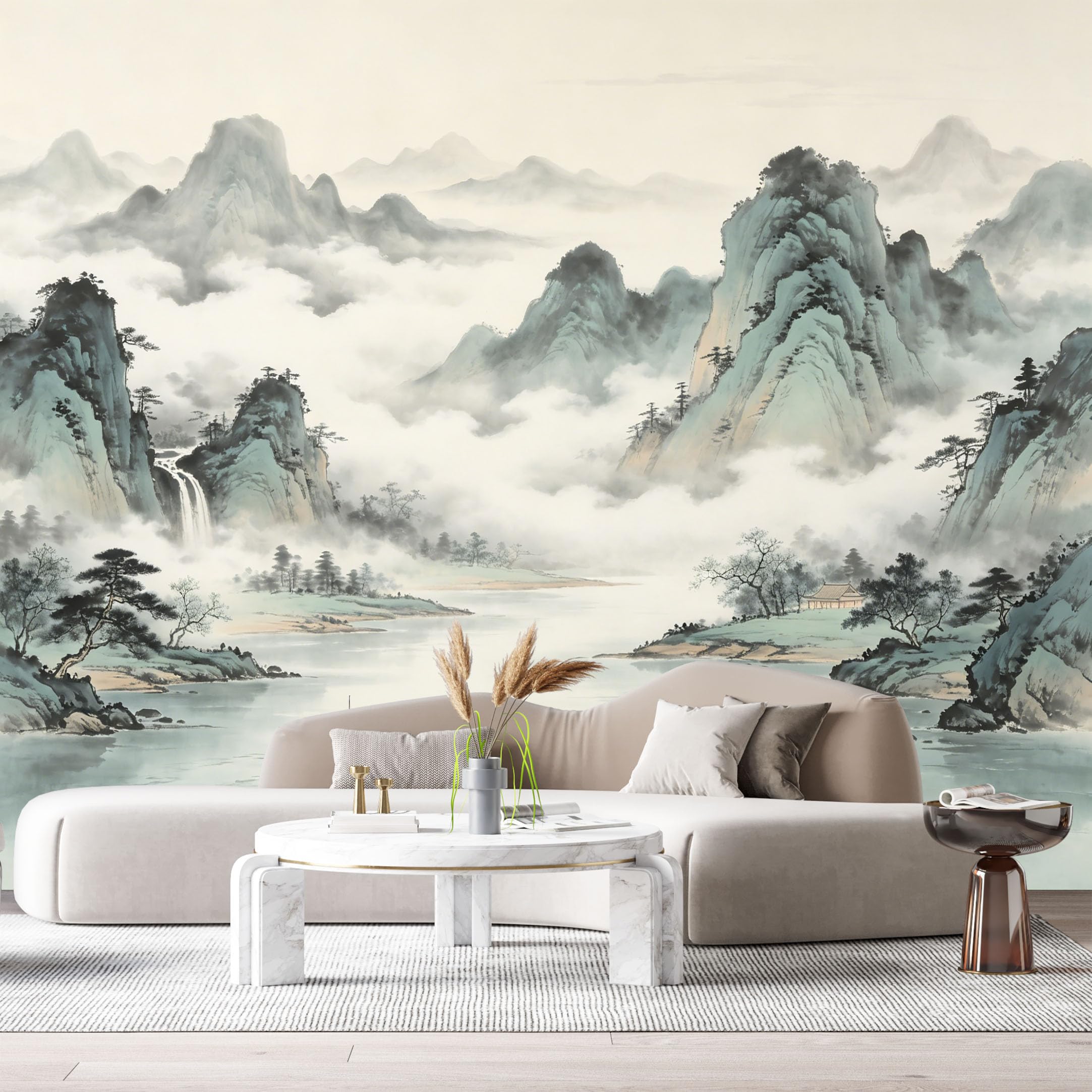 Custom Size Wall Murals Misty Mountains Landscape Watercolor Boat River Valley SelfAdhesive Wall Fabric Removable Large Wallpaper for Photo Living Room
