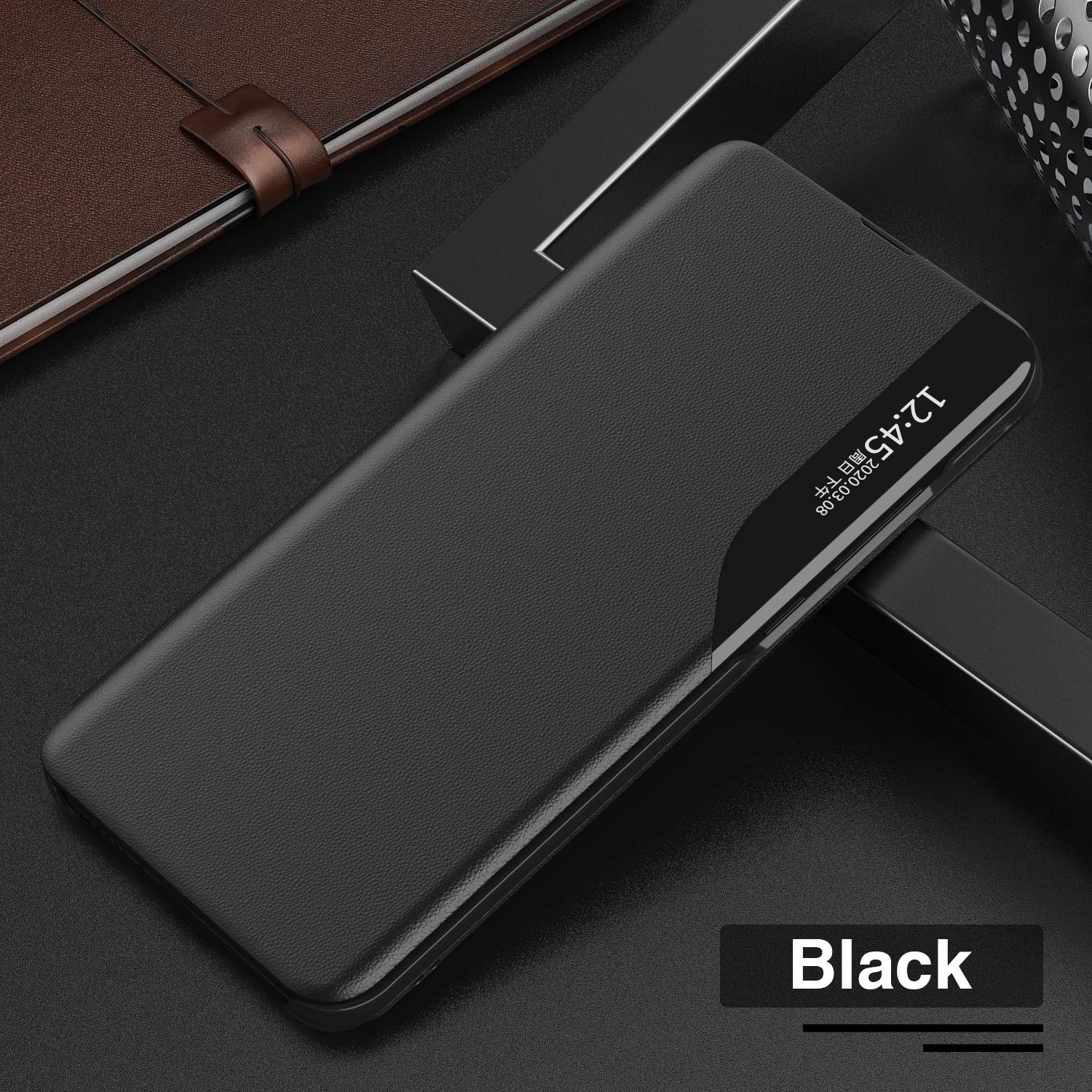 Carcasa para Samsung Galaxy S10 Plus de piel magnética Clear View Funda con tapa para Galaxy S10 Plus, carcasa 360 antigolpes, antiarañazos, función atril para Samsung S10 Plus, color negro