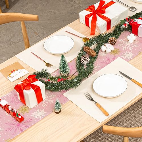 Miniatura 3 de AnyDesign Camino de mesa de invierno con copos de nieve de oro rosa para cocina, decoración de mesa de comedor, decoración de mesa de Navidad,