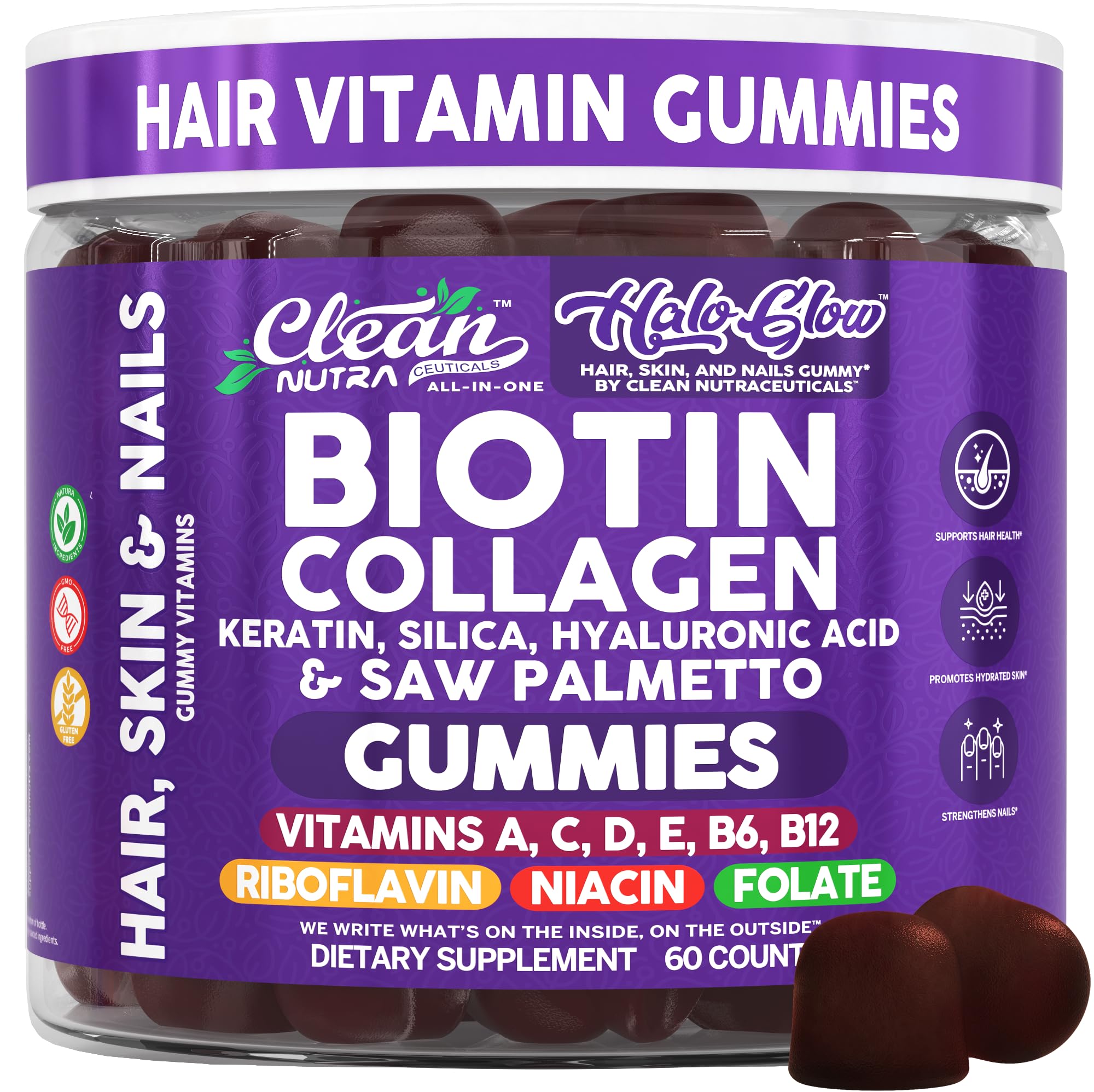 Clean Nutra Biotin Gummies | Collagen, Hyaluronic Acid, Keratin Hair Vitamins Supplement - Hair Growth Support, Skin & Nails - Vitamins C, D, E, B6 & B12 - US Made for Women & Men | 60 Gummy Count