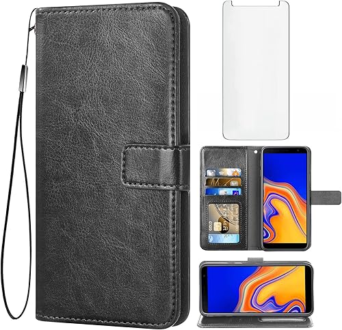Asuwish Compatible con Samsung Galaxy J4 Plus - Funda tipo cartera de vidrio templado con protector de pantalla y soporte de cuero para tarjetas,