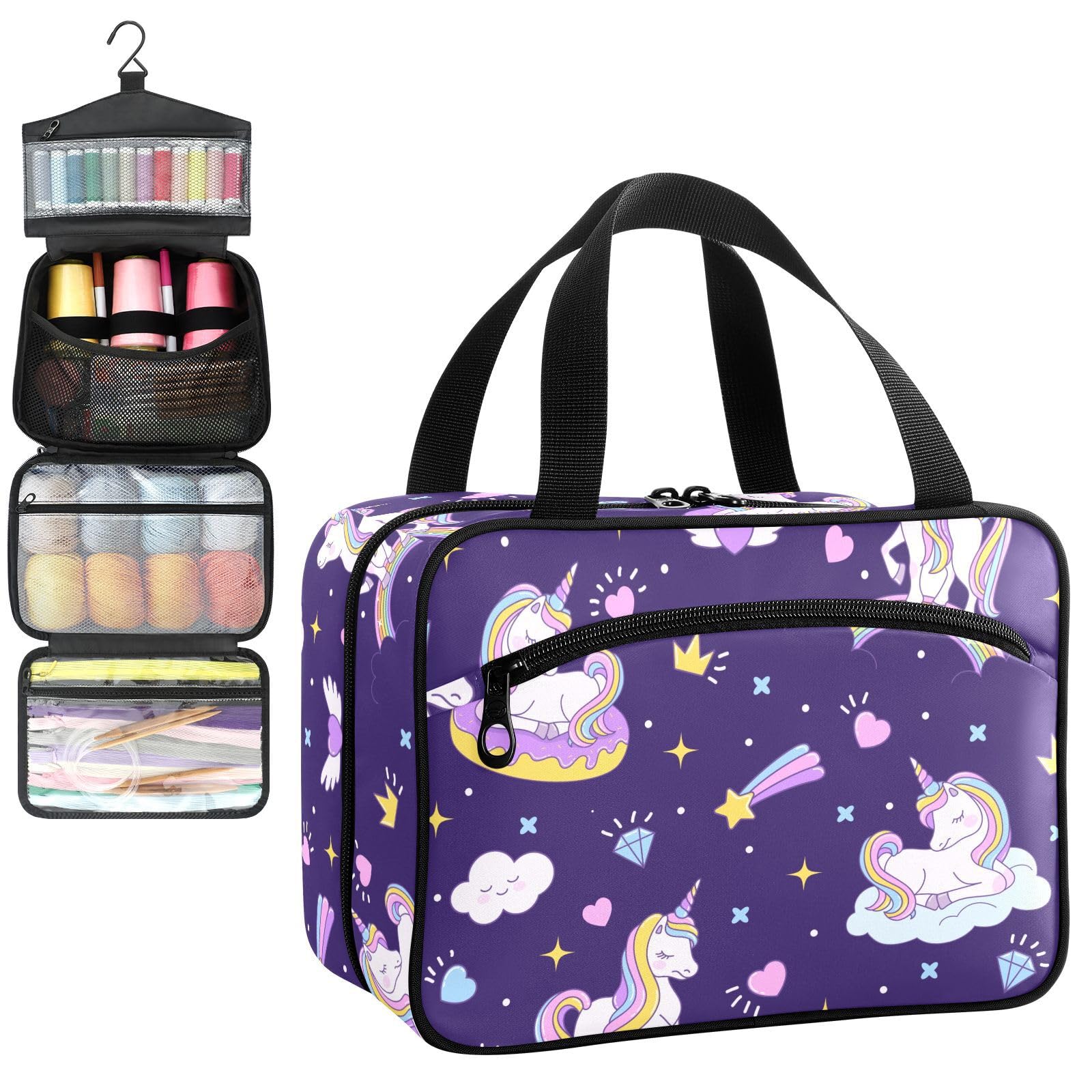 YNNALE Sewing Supply Organizer Bag, Rainbow Unicorn Portable Sewing Bags with Pockets&Hanger, Sewing Storage Box Case for Sew Supplies/Kit/Tools/Accessories (BAG ONLY)