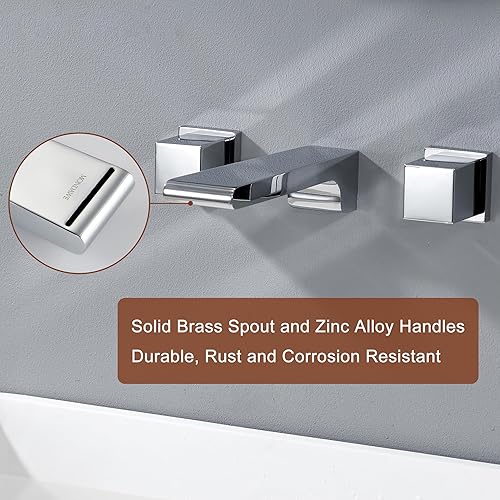 Miniatura 4 de MONDAWE Grifos de baño de montaje en pared con nivel de mango único grifo de lavabo de cascada grifo mezclador de lavabo en oro cepillado