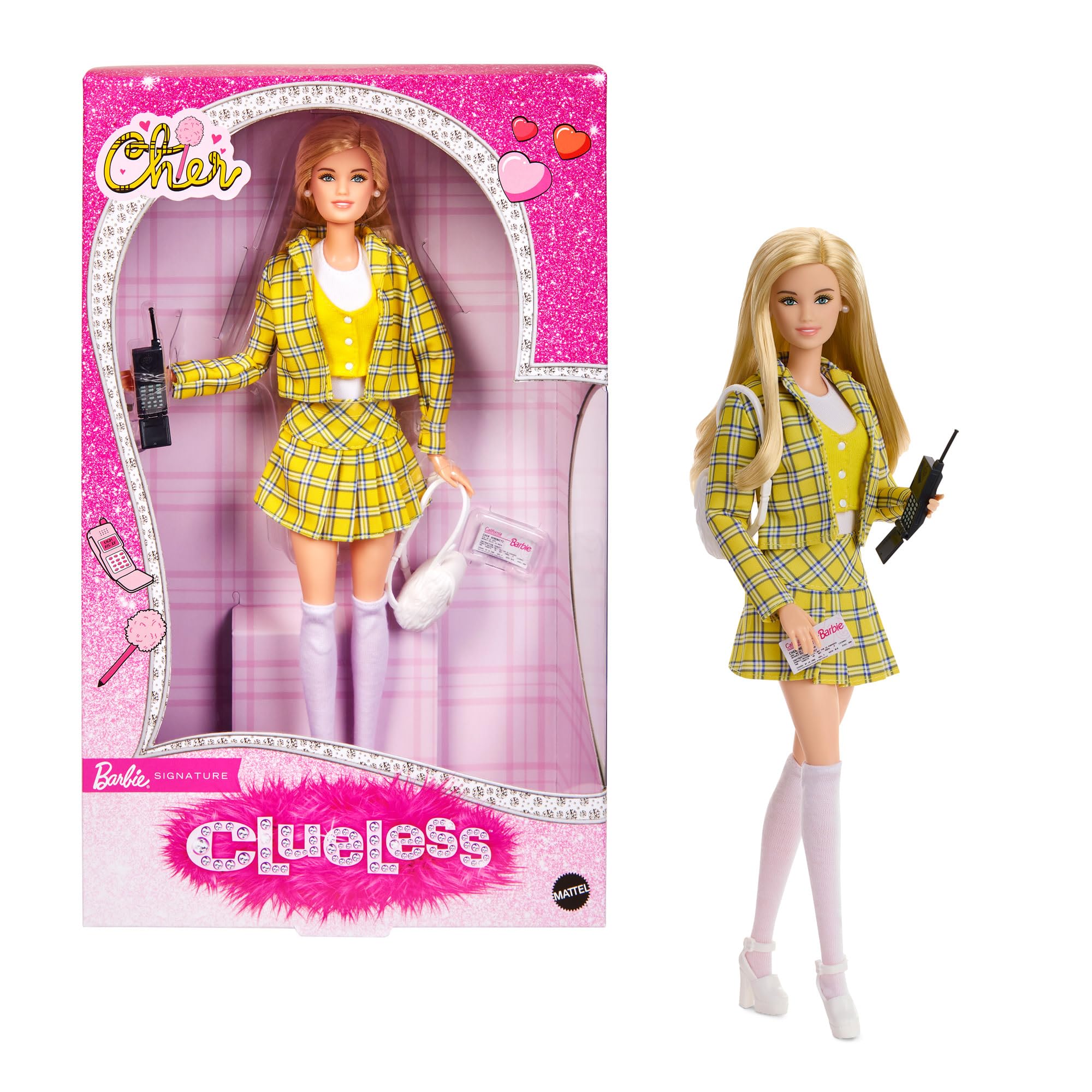 Barbie Signature Clueless Słodkie zmartwienia Cher Lalka kolekcjonerska w żółtym stroju w kratę z plecakiem, „komórką” i tymczasowym prawem jazdy, JBJ34