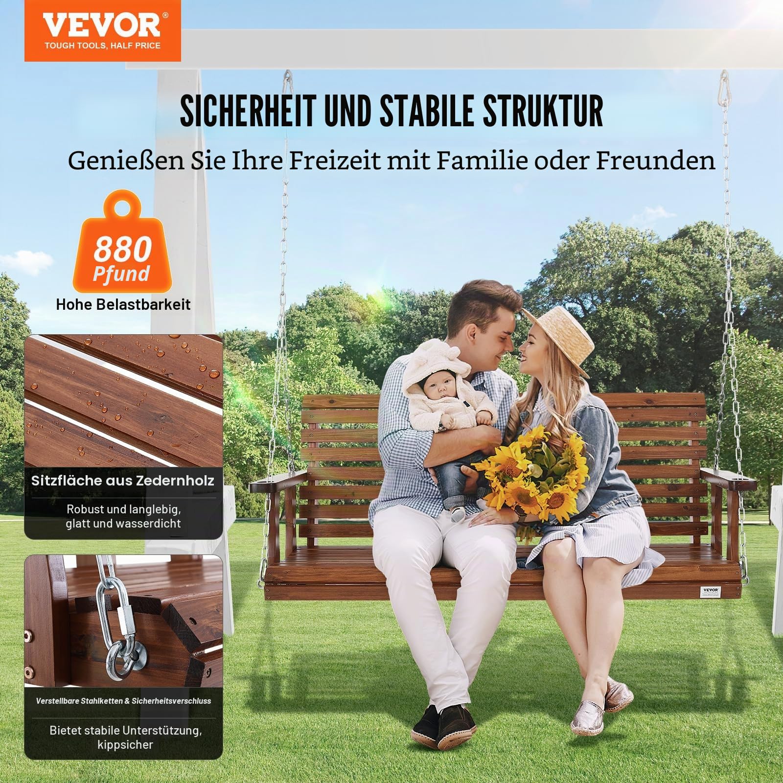VEVOR Hollywoodschaukel Zedernholz, 1523x710x600mm, Terrassenschaukel für Hof und Garten, verbesserte Tragkraft von ca. 400 kg, robuste Schaukelstuhlbank mit Aufhängeketten für den Außenbereich, braun