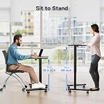 BONTEC Mobile Standing Desk Adjustable Height, Rolling Laptop Cart with Hook, Portable Workstation with Pneumatic Lift, Ergonomic Table with Wheels, Compact Home Office Desk, Black 25.6" x 17.7"