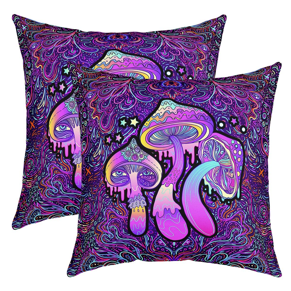 Set of 2 Mushroom Throw Pillow Covers 16x16 Neon Trippy Botanical Pillow Covers For Kids Girls Teens Women Kawaii Psychedelic Plant Cushion Cases Cartoon Purple Decorative Square Pillow Cases