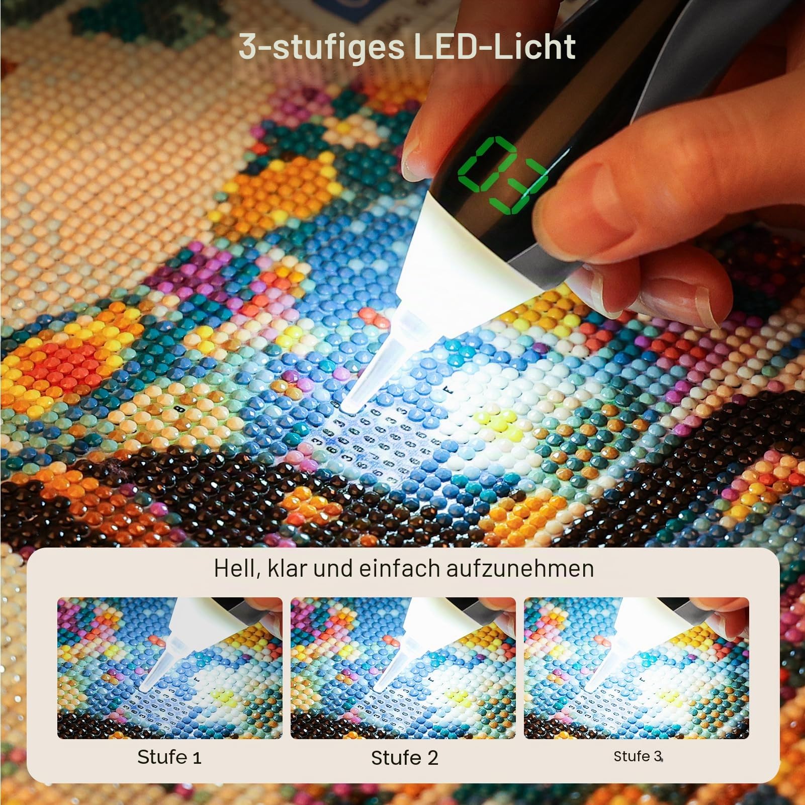 PP OPOUNT Elektrischer Diamond Painting Stift Silber mit LED Licht & Display, 3 Saugstufen, Kabellos & Wiederaufladbar, Leiser Vacuum Stift, Ergonomisches Diamond Painting Zubehör für Erwachsene