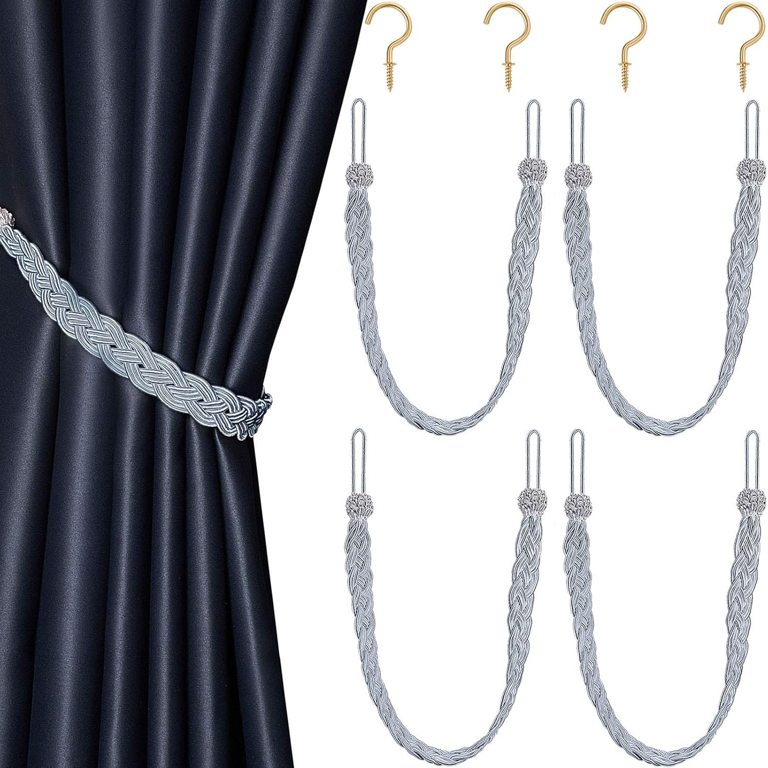 Blulu 4 Pieces Braided Curtain Tiebacks Rope Belt Curtain Ties and 4 Pieces Hooks Metal Curtain Tieback Hooks for Window Curtain Accessories (Grey)