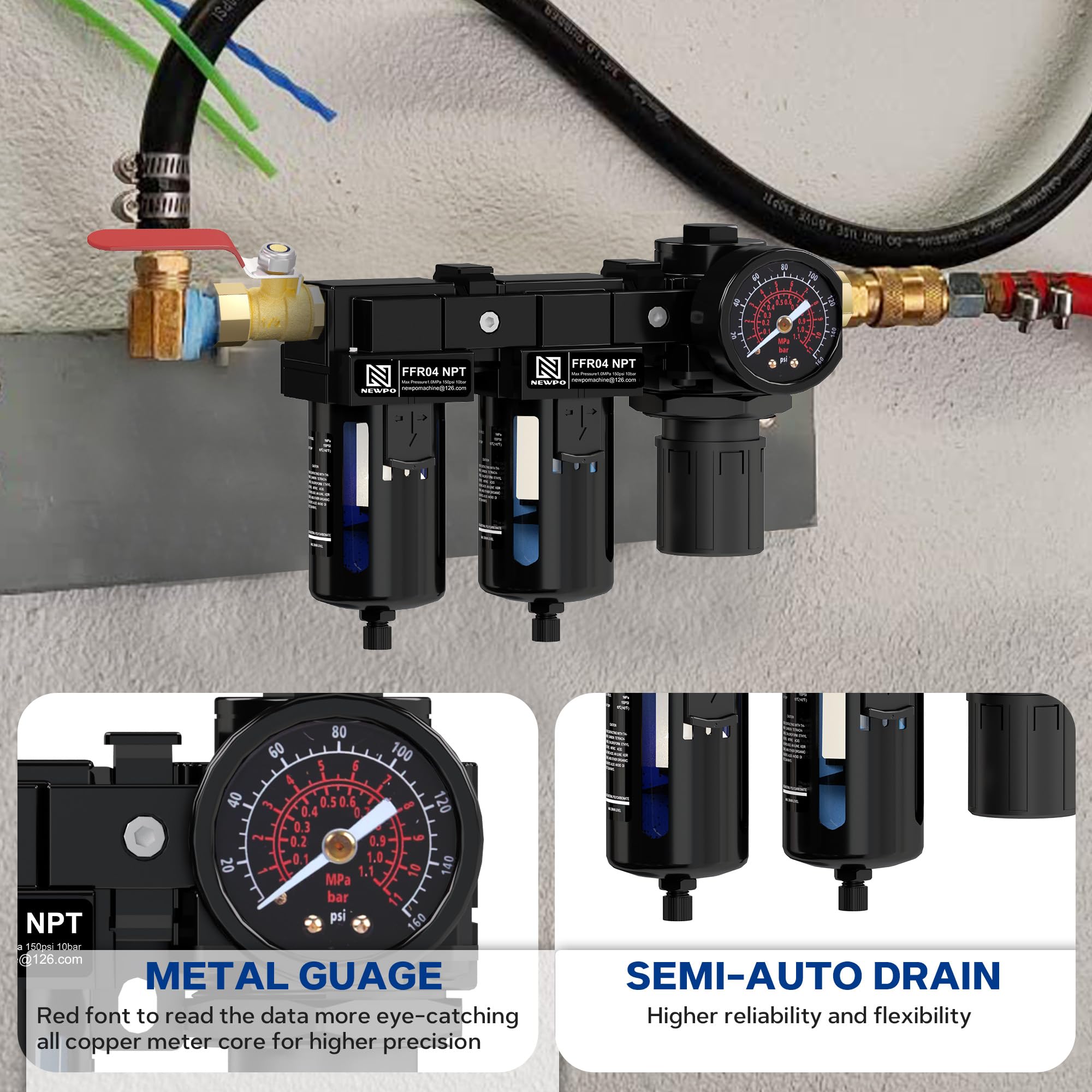 1/5.1 cm NPT Air Water Sepatator do sprężarki powietrza, regulator ciśnienia powietrza z manometrem, podwójny system suszenia do pistoletów natryskowych, półautomatyczny odpływ, metalowy wspornik