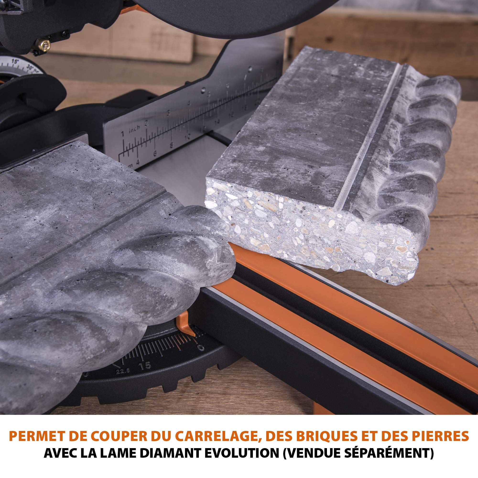 Evolution Power Tools Scie à Onglet Coulissante avec des Caractéristiques PLUS - 0-45˚ Biseau, 50-50˚ Onglet - Coupe Multi-Matériaux - Le Bois, Le Plastique, Le Métal Lame Incluse 255mm - R255SMS+