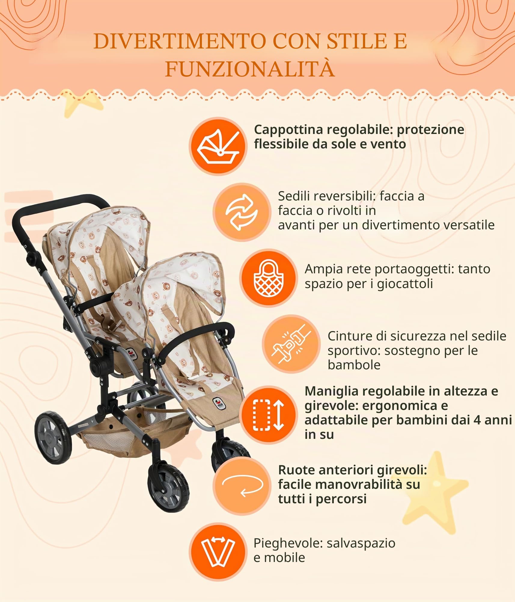 Bayer Chic 2000® Passeggino per bambole Linus Duo – Orsetto Beige – Passeggino pieghevole per bambole – Manico regolabile 50 – 82 cm – Bambole fino a 50 cm – 4 – 8 J