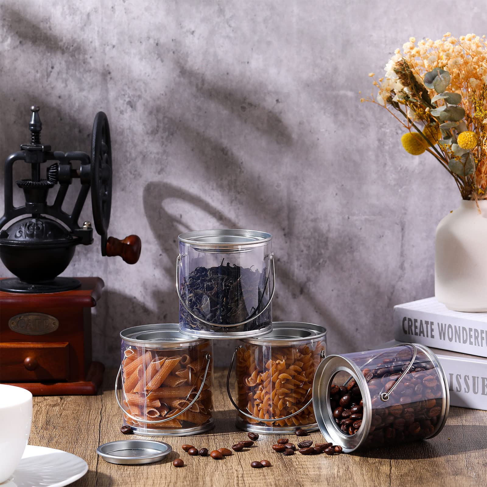 Set of 30 Clear Paint Can Containers with Metal Lids 3 Inch Tall Mini Plastic Bucket with Lid Handle Small Empty Paint Bucket Decorative Faux Paint Pails for Party Favor Storage Candy DIY Projects Art