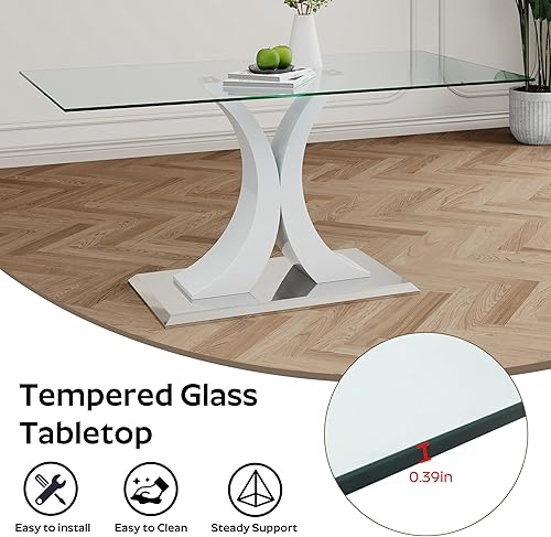 Miniatura 7 de Juego de comedor moderno de cristal de lujo de 7 piezas, juego de cena rectangular minimalista grande para 6, juego de mesa de cocina de vidrio