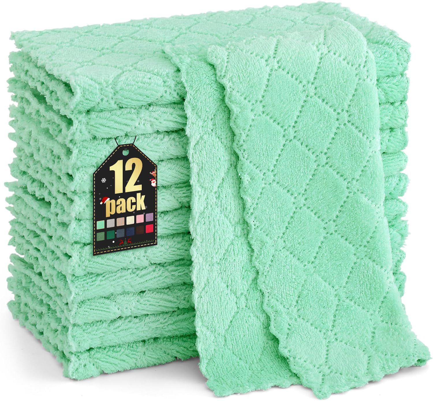 Homaxy12 Pack Kitchen Dish Cloths (10 x 10 Inches, Green), Super Soft and Absorbent Coral Velvet Dish Towels, Nonstick Oil Fast Drying Microfiber Cleaning Cloth, No Lint Household Dishcloths