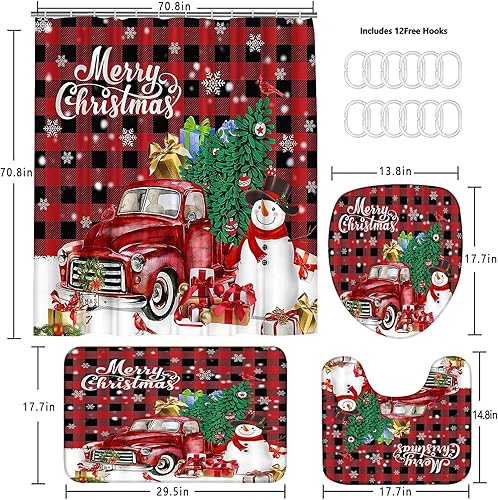 Miniatura 3 de Yizheer Juego de 4 cortinas de ducha impermeables de muñeco de nieve con alfombras antideslizantes, cubierta para tapa de inodoro y tapete de baño,