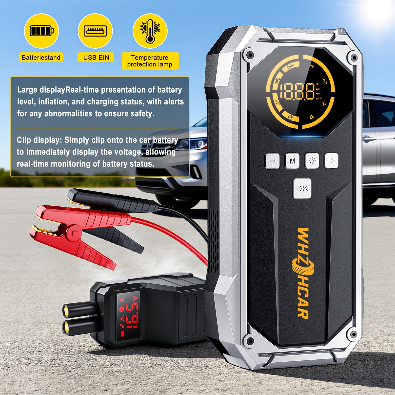 Arrancador de Coches 8000A Compresor de Aire 150PSI Arrancadores de Bateria de Coche 12V (hasta 12L de diésel o All de Gasolina) Jump Starter con Lumen LED Clips de Seguridad Inteligentes Carga Rápida