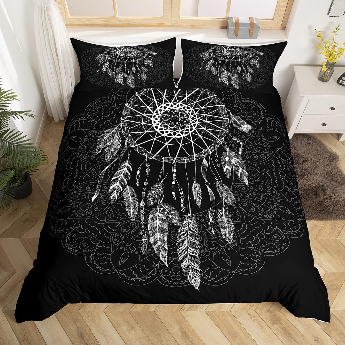 Homemissing Single Comforter Cover Set Dream Chaser White Duvet Cover Bohemian Mandala Black Female Modern Comforter Cover Set Bohemian Flower Feather Set