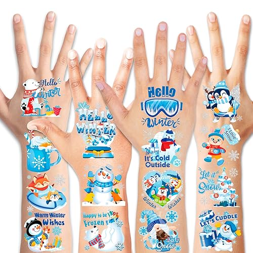 Miniatura 2 de HOWAF 96 calcomanías temporales de tatuaje de copo de nieve, tatuajes temporales de Hello Winter para decoraciones navideñas de invierno del país de