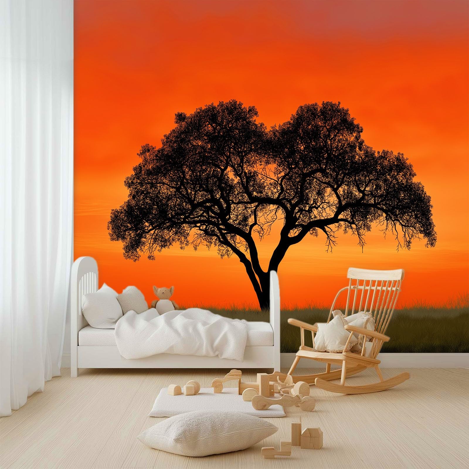Générique Panoramiczna tapeta Minimalistyczna Krajobraz Drzewa Blask 3D 200 x 140 cm, włóknina XXL Nowoczesna dekoracja ścienna Salon Sypialnia Biuro Pokój dziecięcy, pomarańczowa
