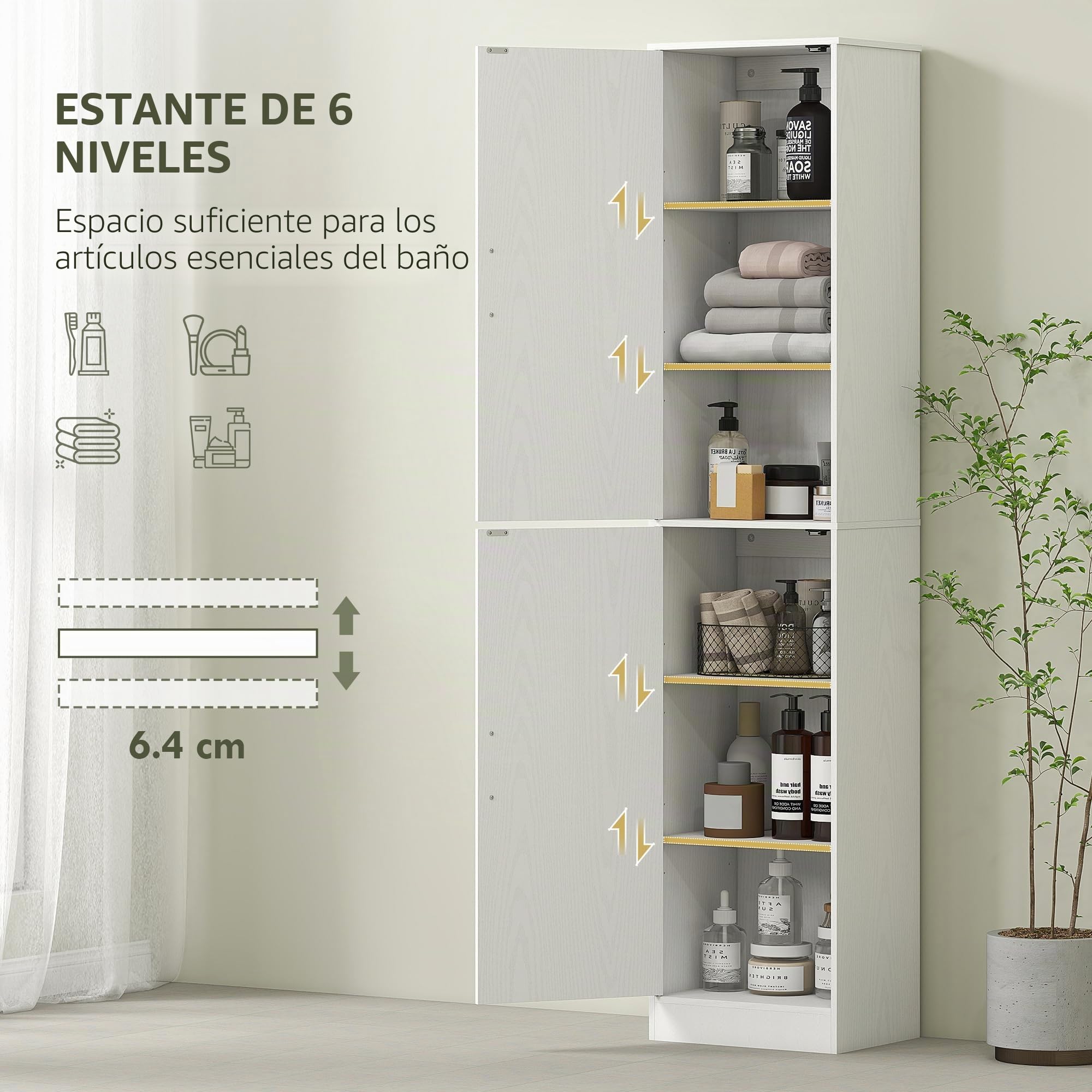 HOMCOM 71" Armario de baño Alto y Delgado 6 Niveles 2 Puertas Blanco