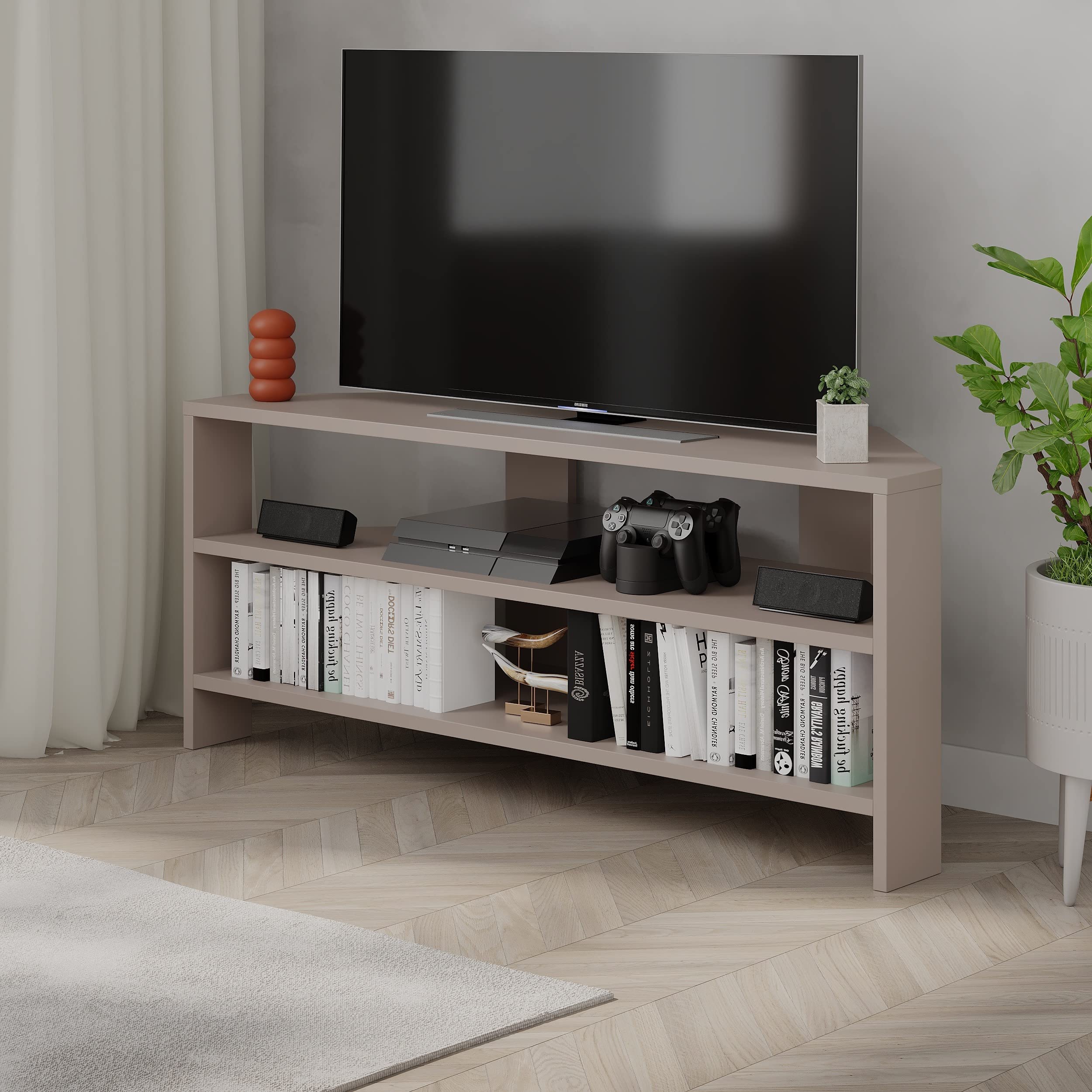 HOCUS PICUS Corner TV Unit with 2 Shelf for Living Room, Office ext. Modern Design, TV Stand 32 Inch TVs, Multi Colour Option for Decorations (Light Mocha)
