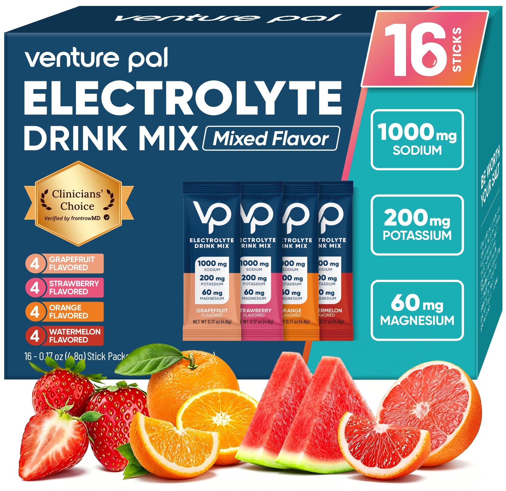 Venture Pal High Sodium Sugar Free Electrolytes Powder Packet, 16 Sticks
