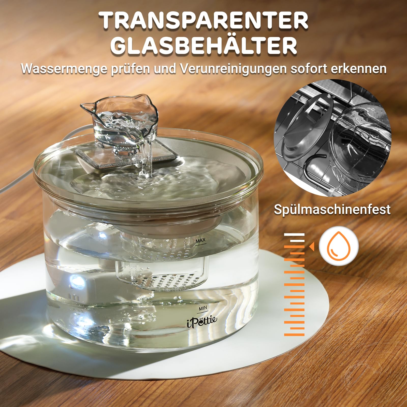 iPettie G01 Glas Katzenbrunnen, Trinkbrunnen für Katzen und Hunde 2L/68oz mit 2 Sprühaufsätzen, 3-stufiger Filtration, Automatischer Wasserspender aus Glas & Edelstahl