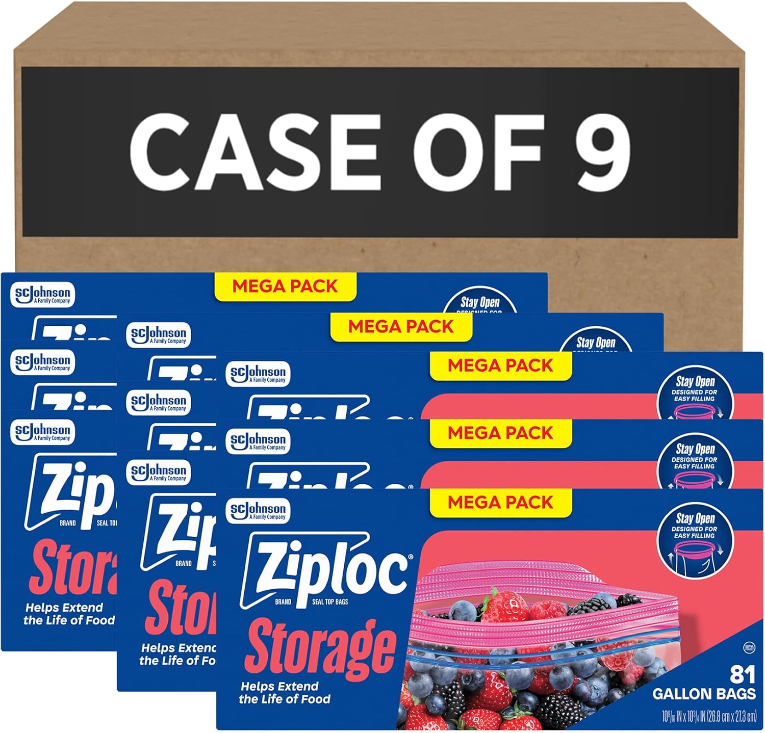 SC Johnson Professional Ziploc Gallon Food Storage Bags, 9 Boxes x 81 Count, 729 Total Bags