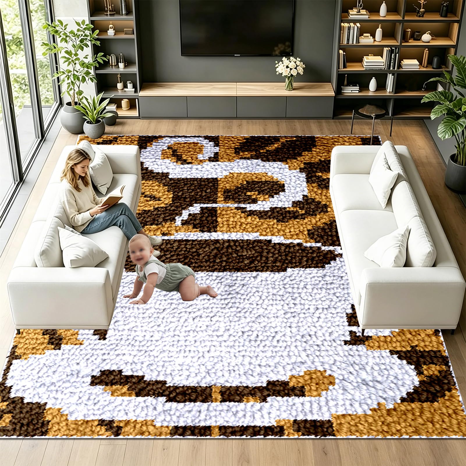 QUIYAEZY 55x75 cm Zestaw dywaników szydełkowych z wiązanymi ściegami, zestaw szydełkowy do ściegów, DIY haczyki zatrzaskowe, tworzenie dywanów i płótna, dywaniki do wystroju domu