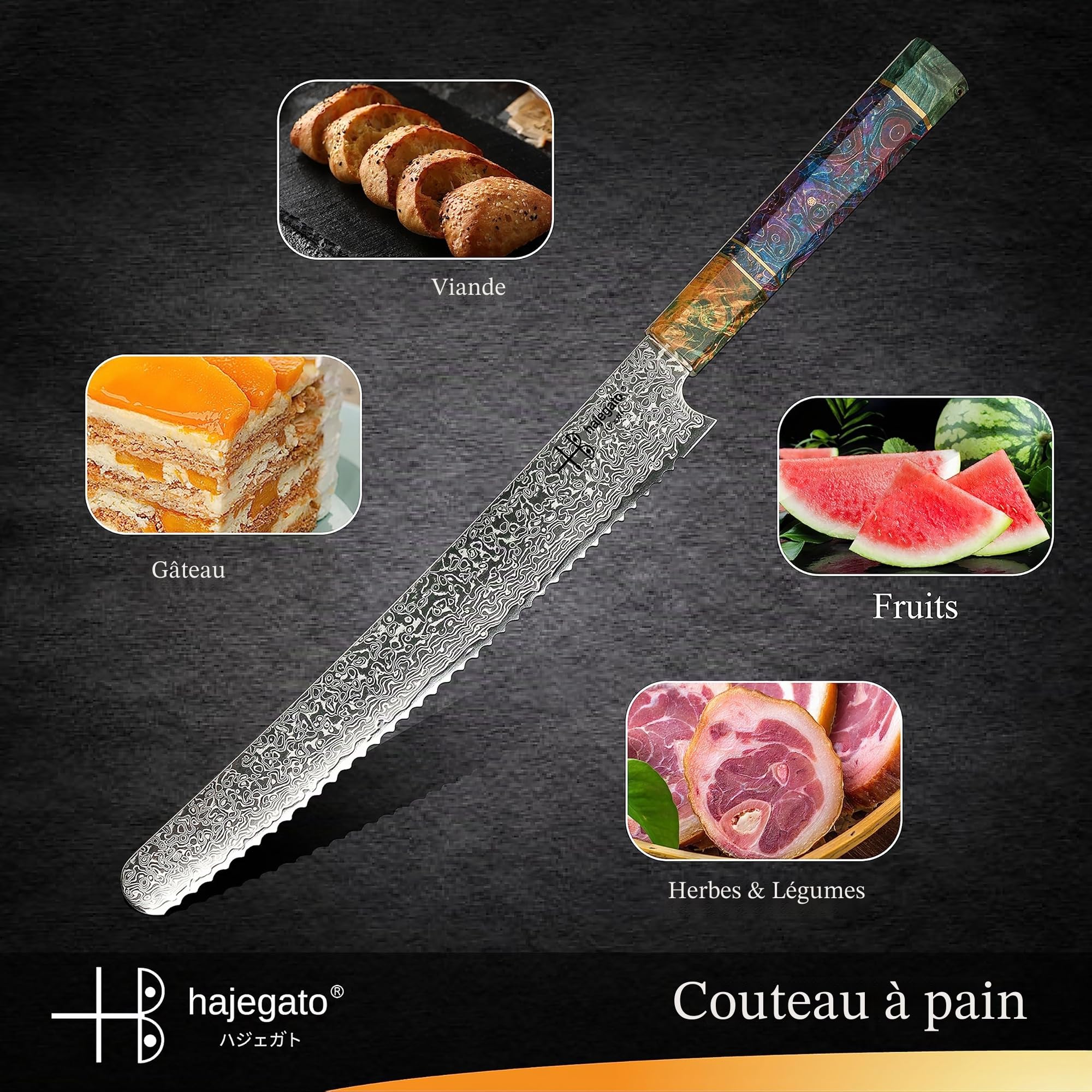 Couteau de chef Damas - Trancheuse à pain - Manche unique en son genre - 25,4 cm - Couteau de cuisine japonais Vg10-67 couches - Fait partie de l'ensemble de couteaux de chef