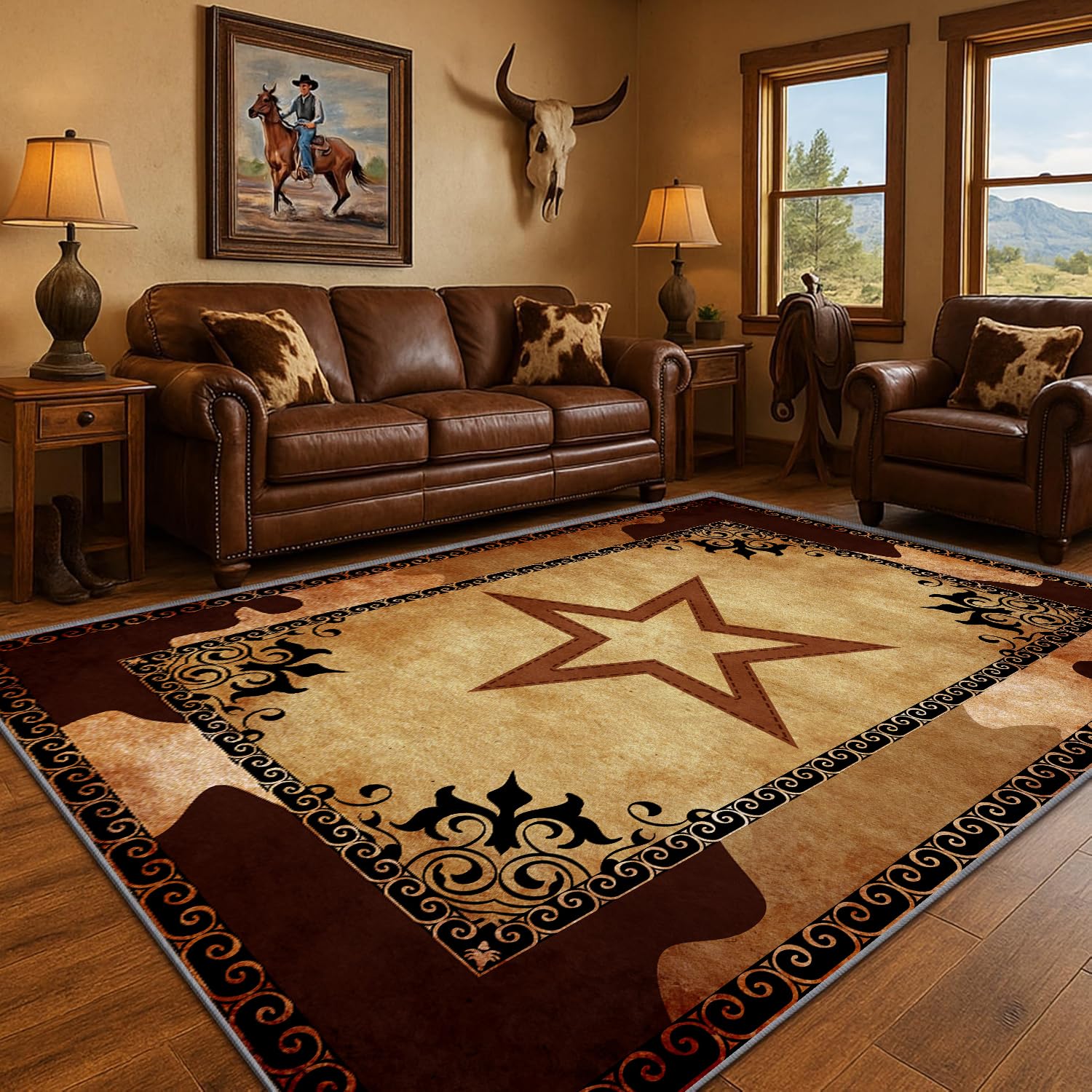 YHUERC Retro Five-Pointed Star Area Rugs, 180x230cm Western Vintage Star Pattern Rug, Durable Non-Slip Mat Washable Carpet, Rustic Decorative Rug for Living Room Bedroom Farmhouse Home Decor