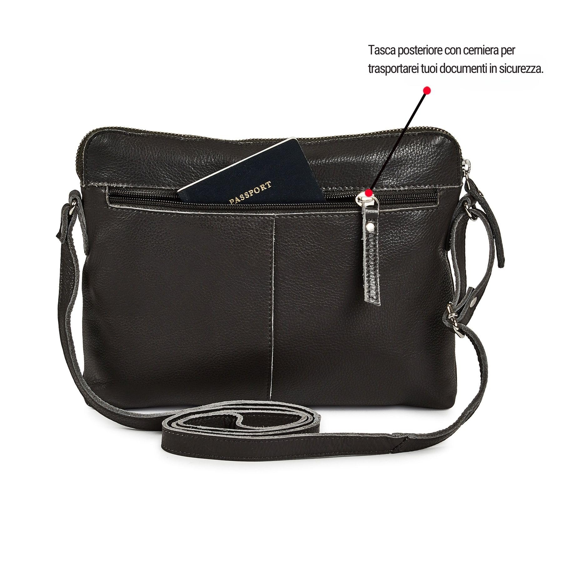 Wise Owl Accessories Borsa tracolla in vera pelle martellata, modello compatto unisex con tasche cerniera, ideale per viaggi, uso quotidiano e organizzazione