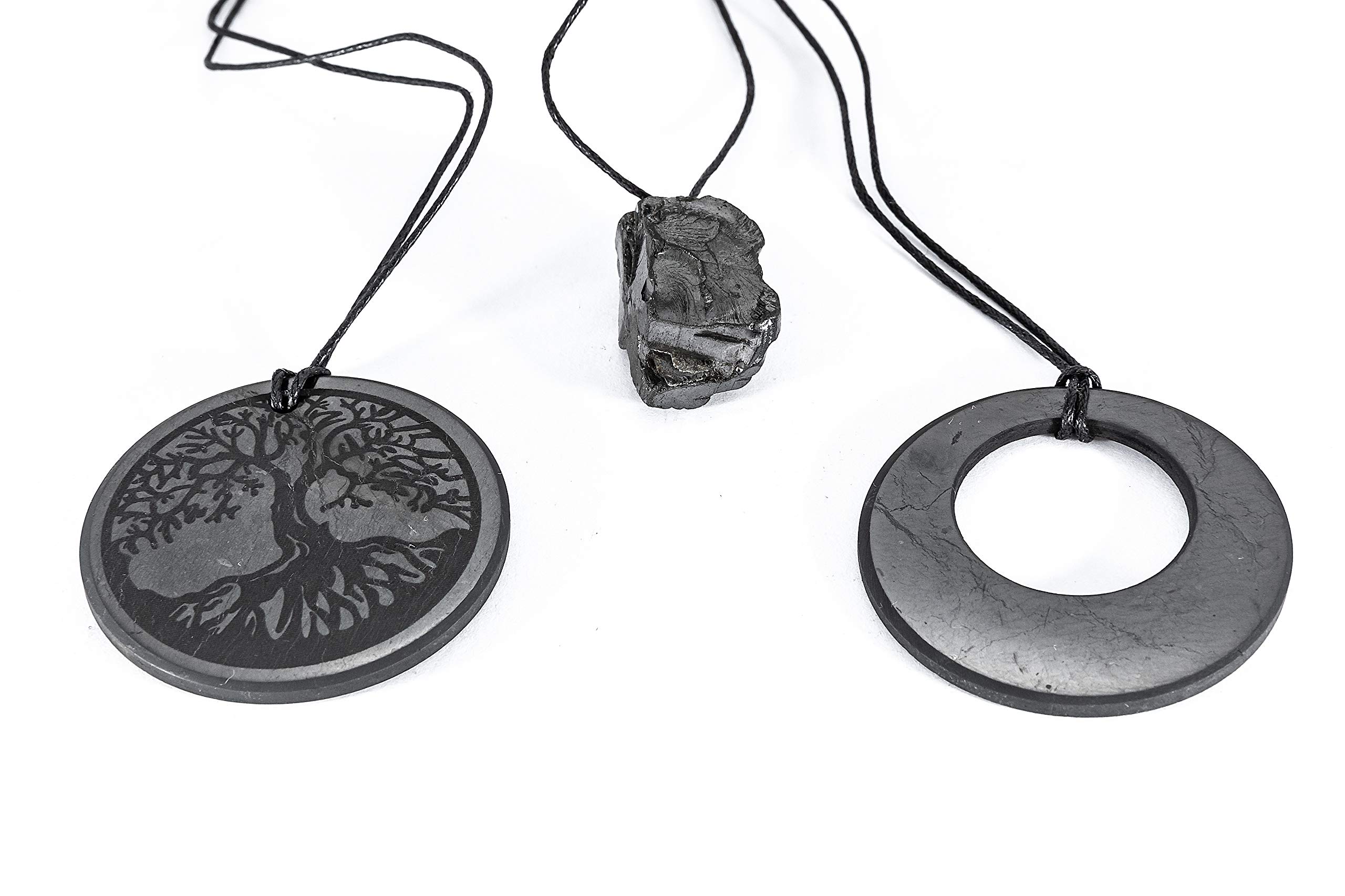 SN NATURSTEIN UG - Shungite Set of 3 Pendants"Tree of Life","Circle in a Circle","Precious Crystal 6-9g" 50 mm | Gem and Healing Stone from Karelia - EMF Protection