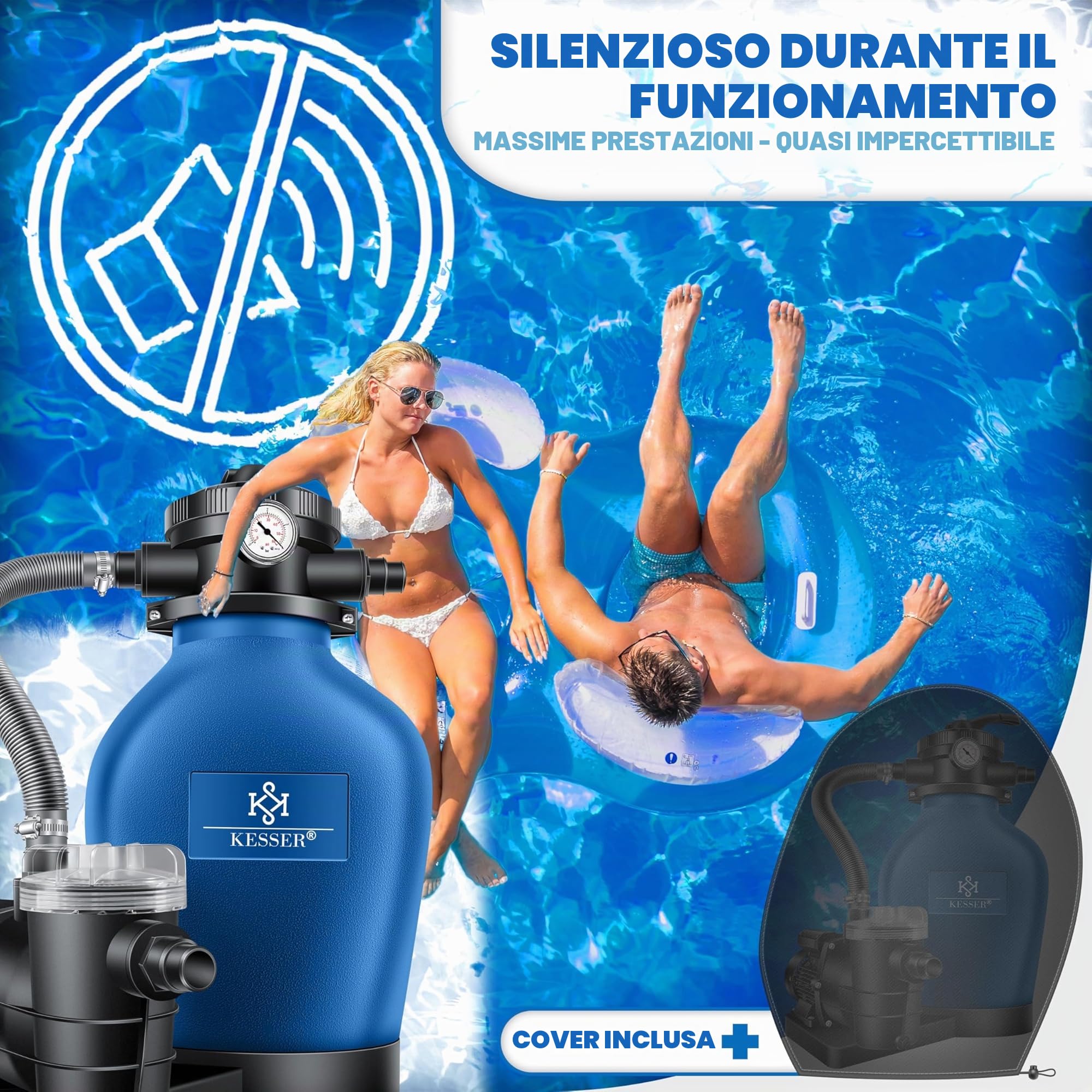 KESSER® Sistema di filtraggio a Sabbia Filtro a Sabbia+ Copertura + Sfere filtranti da 700 g sostituire 25 kg di Sabbia filtrante valvola a 7 Vie con indicatore di Pressione