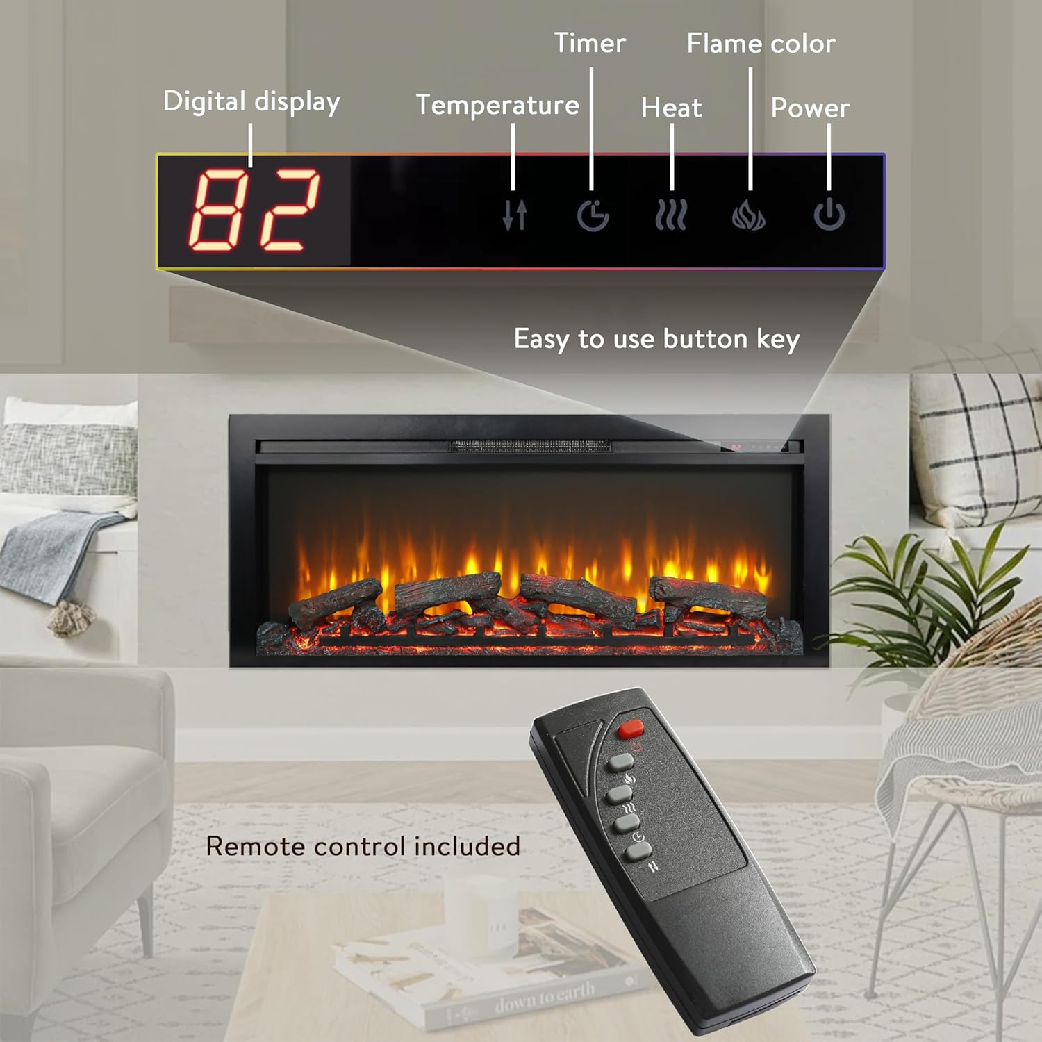 44" Electric Fireplace Insert, Realistic Flame & Log, Fireplace Heater with Adjustable Flame Brightness & Thermostat, Timer, Overheating Protection, 1400W (42 1/8" W x 18 25/32" H)