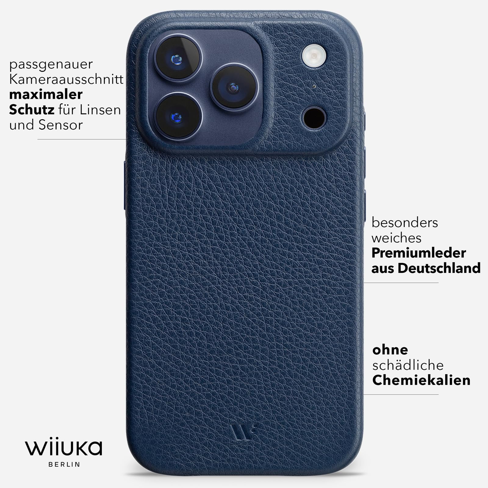 WIIUKA Hülle für iPhone 17 Pro, Leder aus Deutschland, Lederhülle extra Dünn, Premium Handyhülle, Case, Qi, skiin, Blau Nachtblau