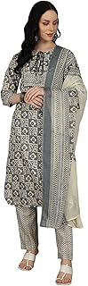 yash gallery Women's Cotton Blend Geometrical Print Calf Length Notch Neck 3/4 Sleeves Straight Kurta with Pant and Dupatta-picture-18