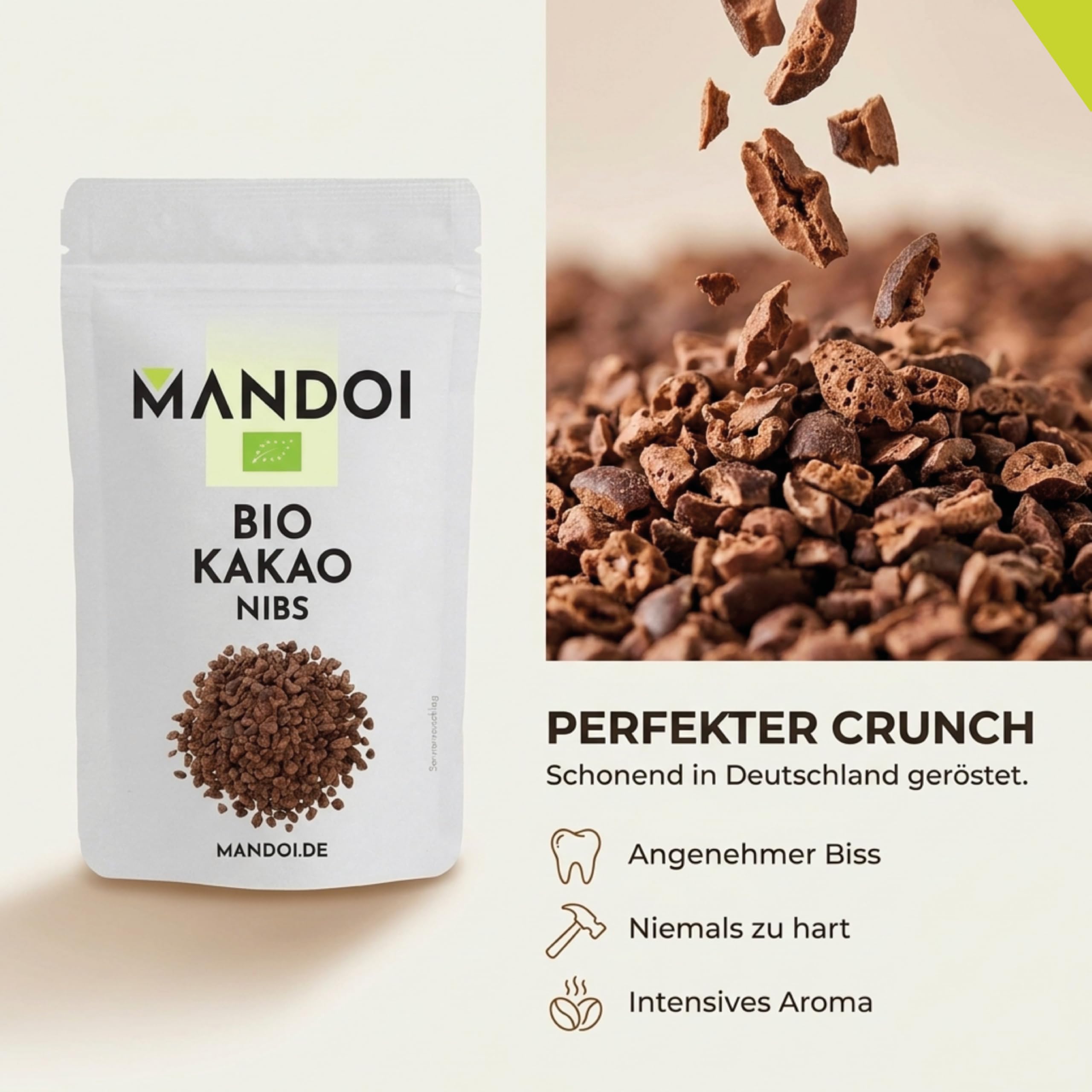 Mandoi Bio Kakaonibs 500g, aus ökologischem Anbau | besonders hochwertige Kakao Nibs, organic cocoa. Als Snack, Müsli oder zum Backen