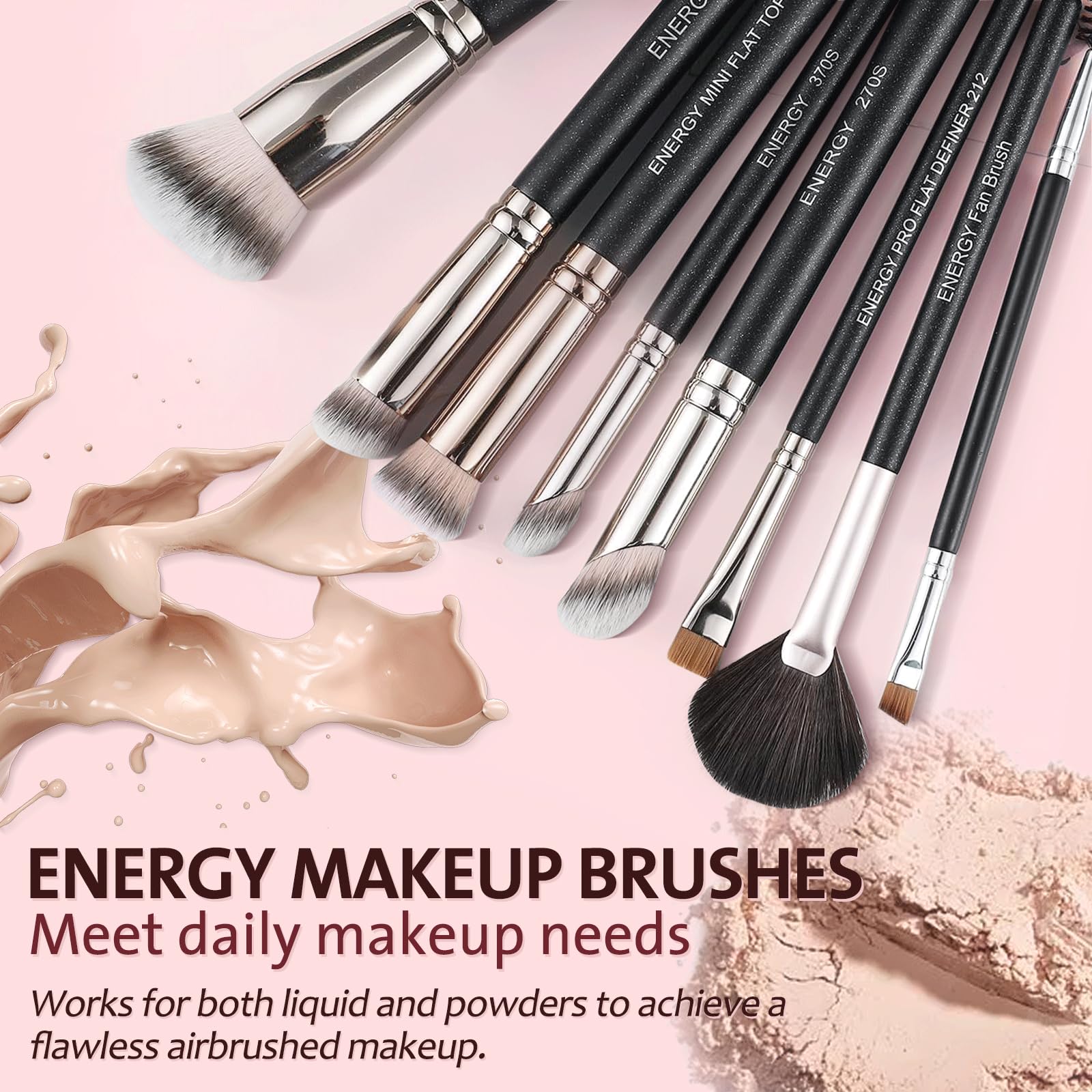 ENERGY Set di pennelli da trucco professionali per fondotinta, correttore, contorno naso, sopracciglia, eyeliner, pennelli piatti per il viso, per fondotinta liquido, crema, polvere, gel, miscelazione