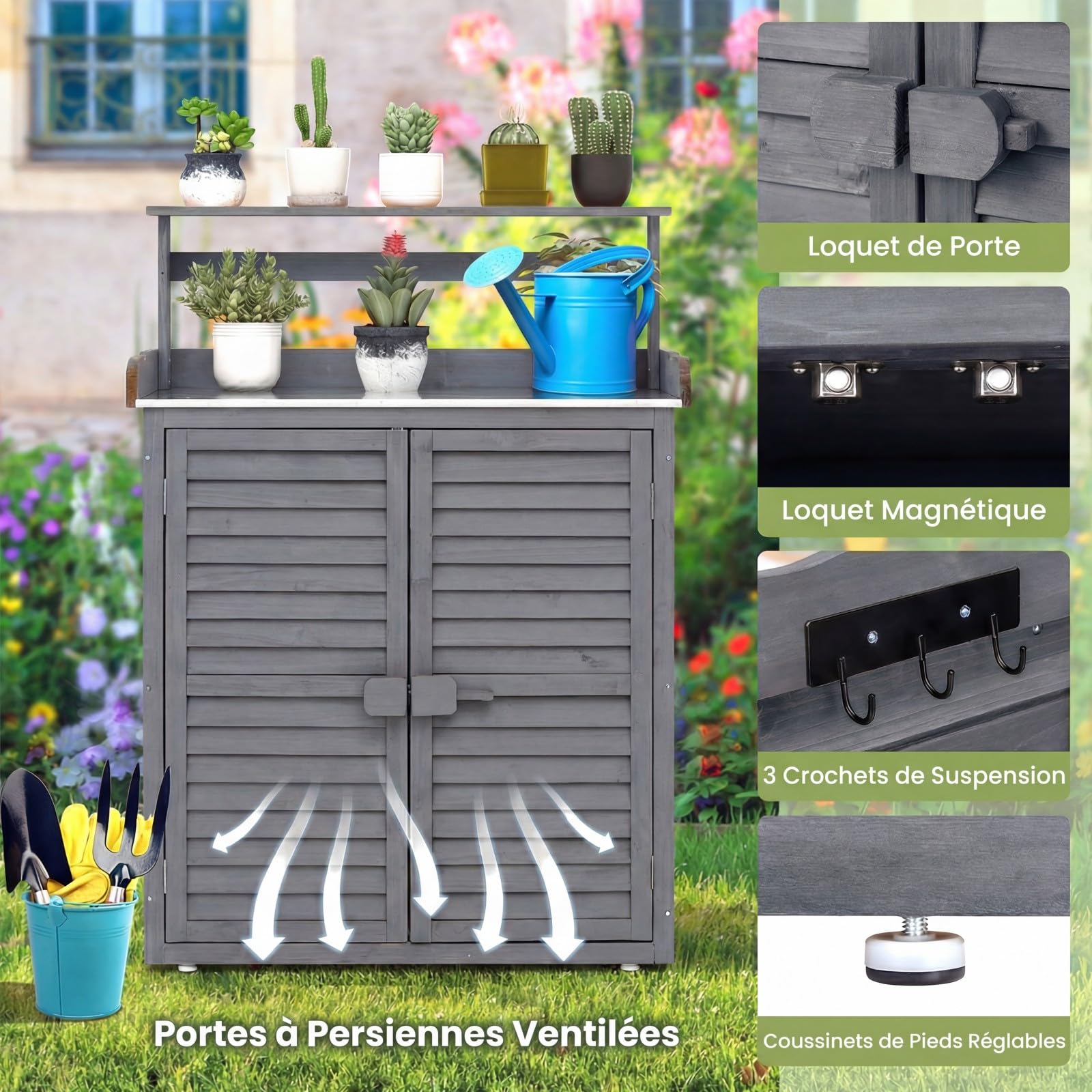 COSTWAY Armoire Jardin Bois, Armoire Exterieur avec Plan de Travail en Métal, 3 Crochets, Etagères Amovibles, Portes à Persiennes, Table de Rempotage, Meuble Exterieur Rangement (Gris)