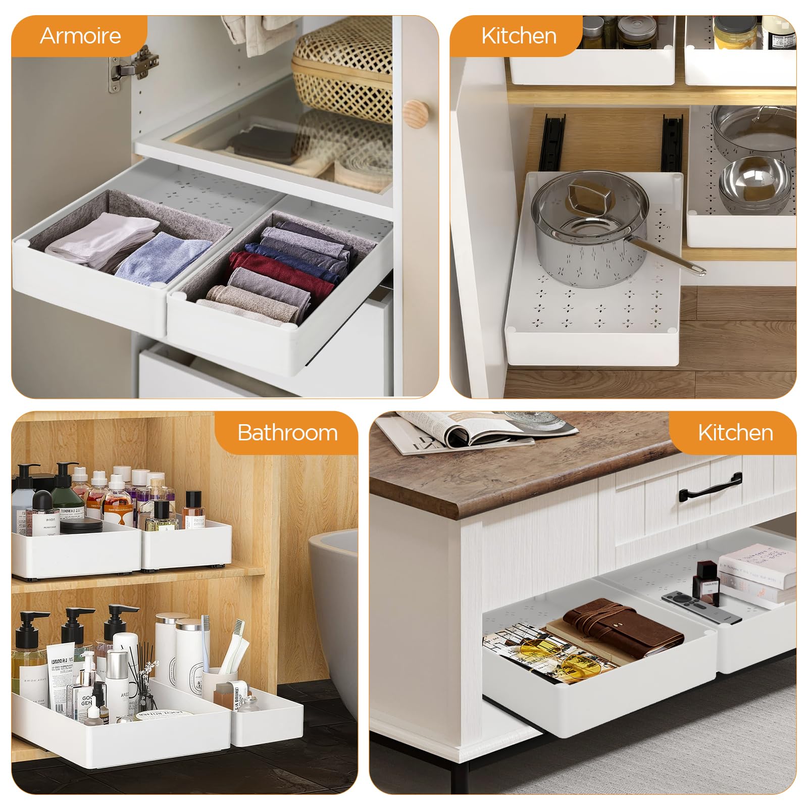 Cozary Cajones Extraíbles para Cocina con Guías Silenciosas – 3 Tamaños Modulares (13/18/27x40x7 cm), Instalación Sin Daños para Armario/Cocina/Dispensa
