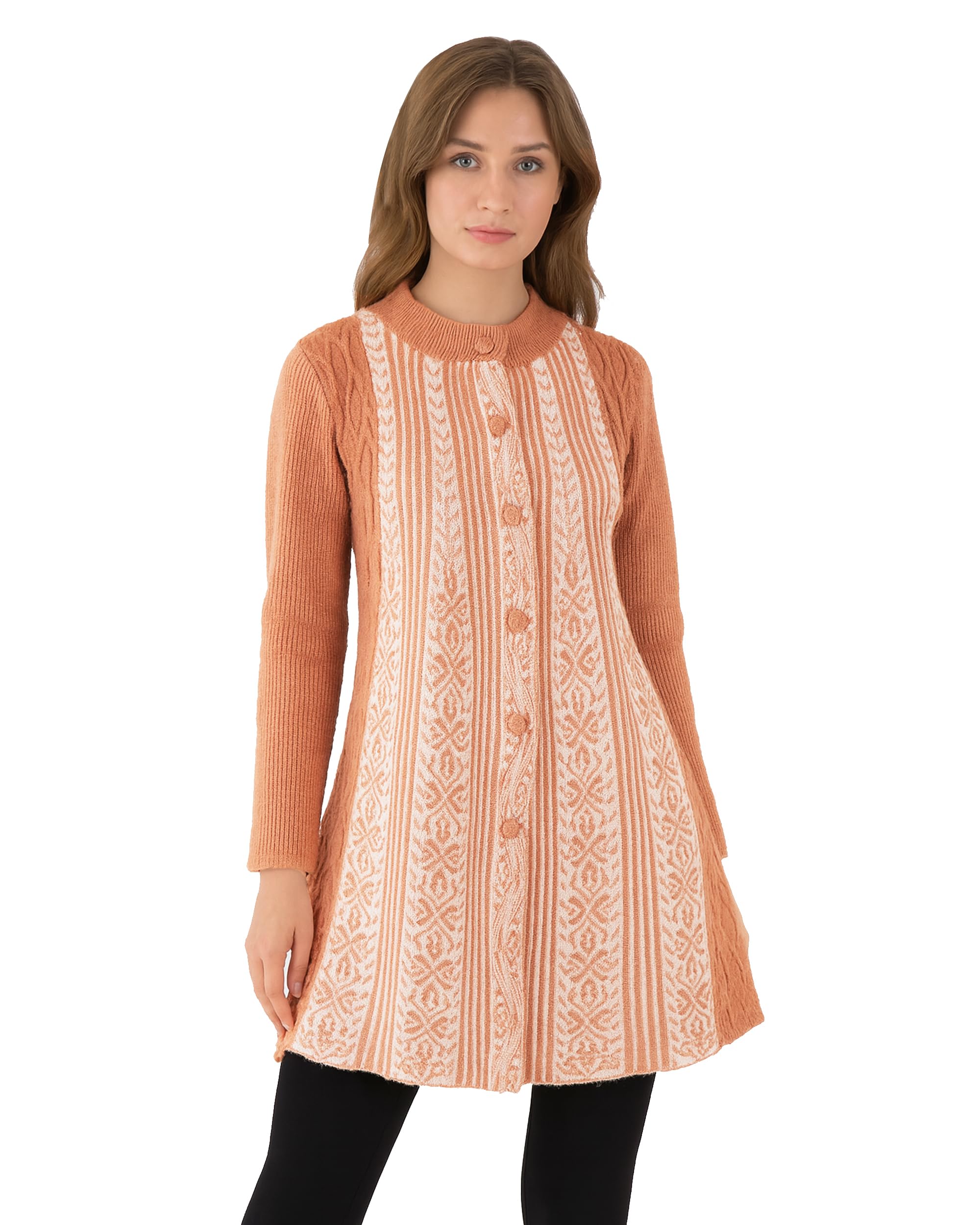 Women’s Woolen Striped Cardigan – Full Sleeve Knitted Front-Open Side Pocket Sweater with Button Closure & Patterned Design | Winter Wear-image-19