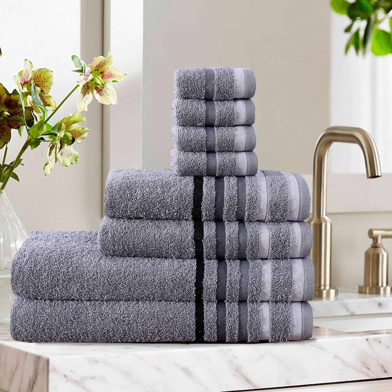 KD HOME EVERYTHING YOU NEED Stripe Style 8-Piece Bale Set Soft Towels, Plush, and Fluffy 100% Woven Cotton Hand, Face and Bath Towels, Multicolor (Silver Stripe Border)