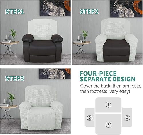 Vista 31 de YEMYHOM Funda elástica de 4 piezas para silla reclinable de jacquard con bolsillo lateral, antideslizante, ajustable, protector de muebles con parte