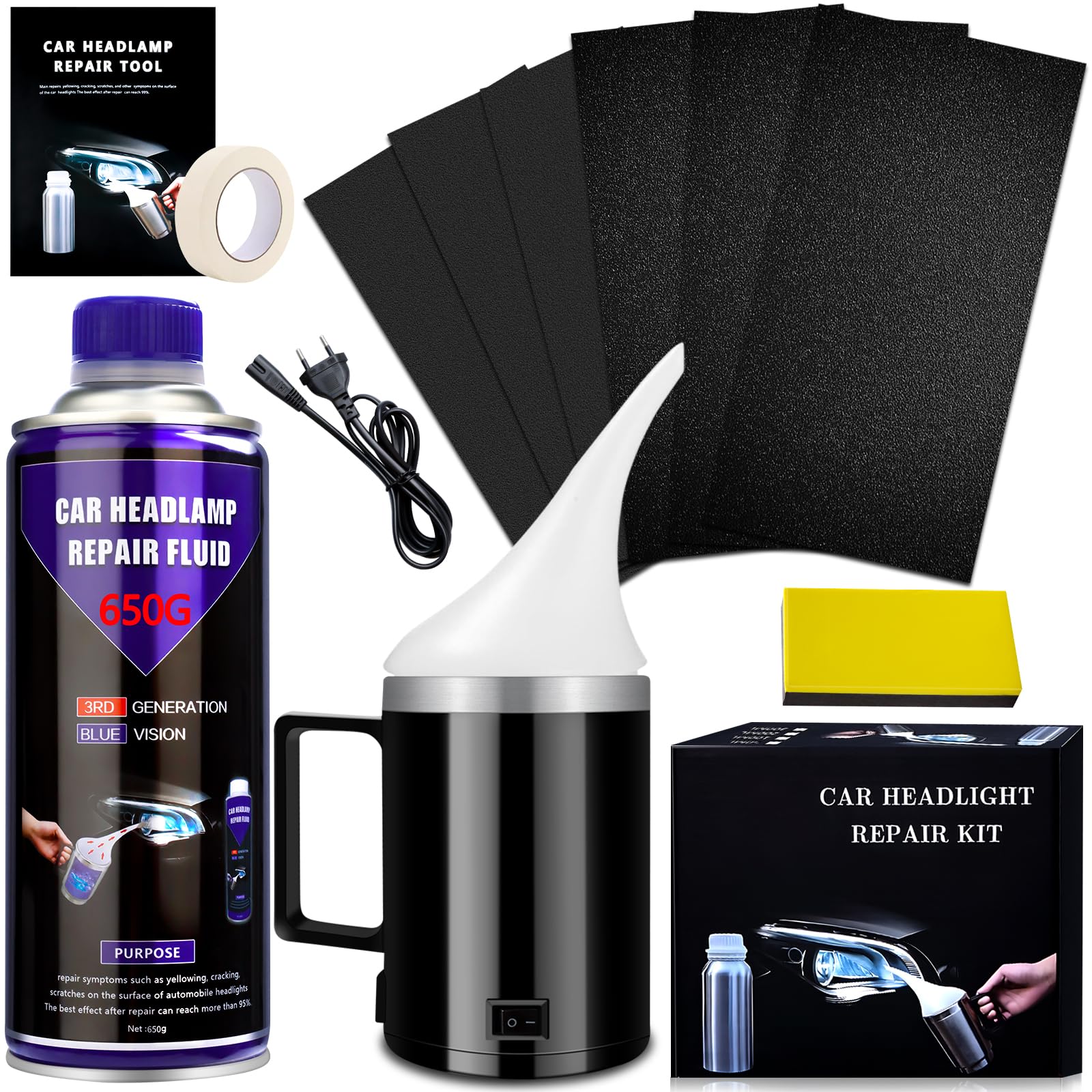 Seelenklang Rinnova Fari Auto Kit Lucidatura - 650G Fari Kit per Rigenera Fari Riparazione Graffi Ingiallimento/Graffi/Sfocatura